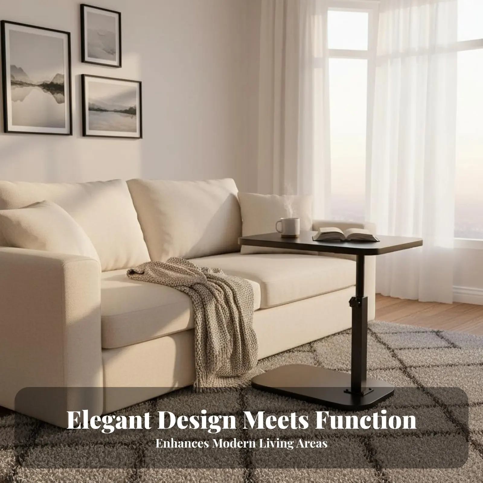 

Регулируемый изогнутый столик для экономии пространства, мобильный приставной столик для дивана на колесиках с закругленными углами для взрослых