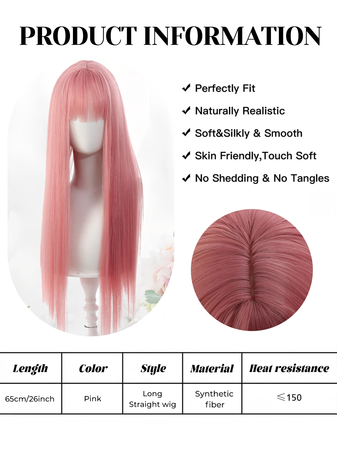 OLACARE Cosplay Wig With Bangs Synthetic Straight Hair 24 Inch Long Heat-Resistant Pink Wig For Women