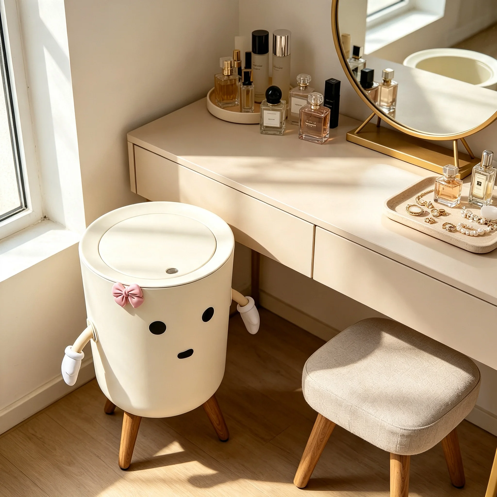 Cute Cartoon Character Press‑Lid Trash Can, Kawaii Garbage Bin with Movable Arms, Pink Bowknot & Wooden Legs, Aesthetic Decorative Lidded Waste Bin for Bedroom Dorm Vanity