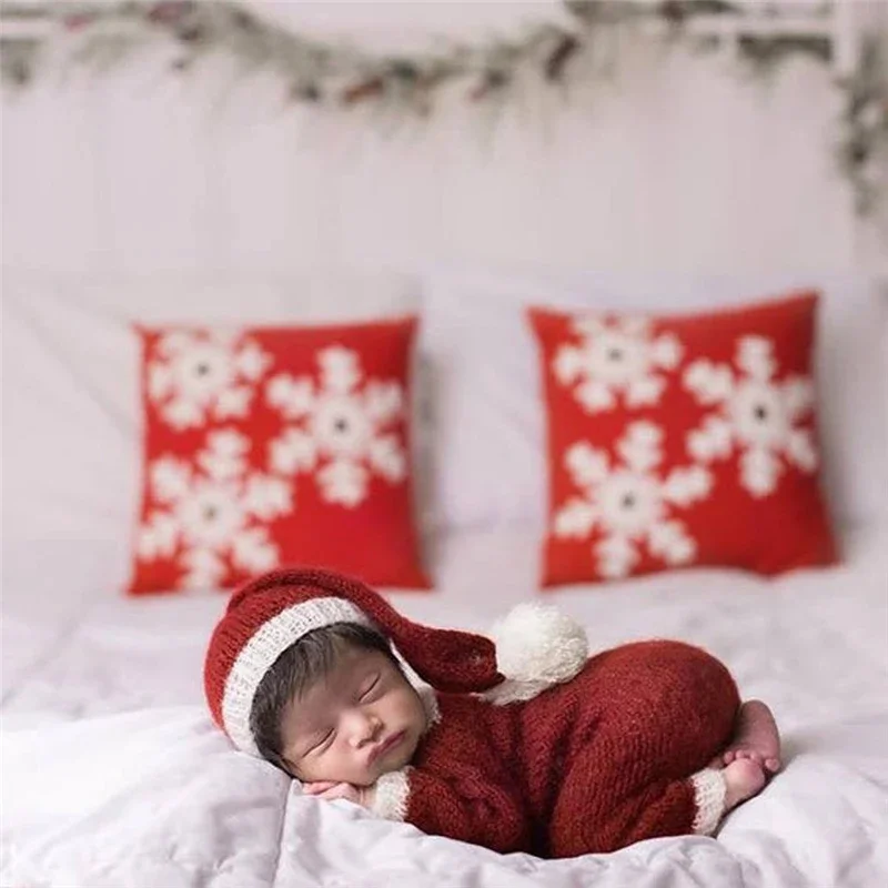 Newborn Photography Fotografie Outfit Props Soft Crochet Mohair Christmas Theme Hat+Jumpsuit Pants Baby Photo Shooting Clothing