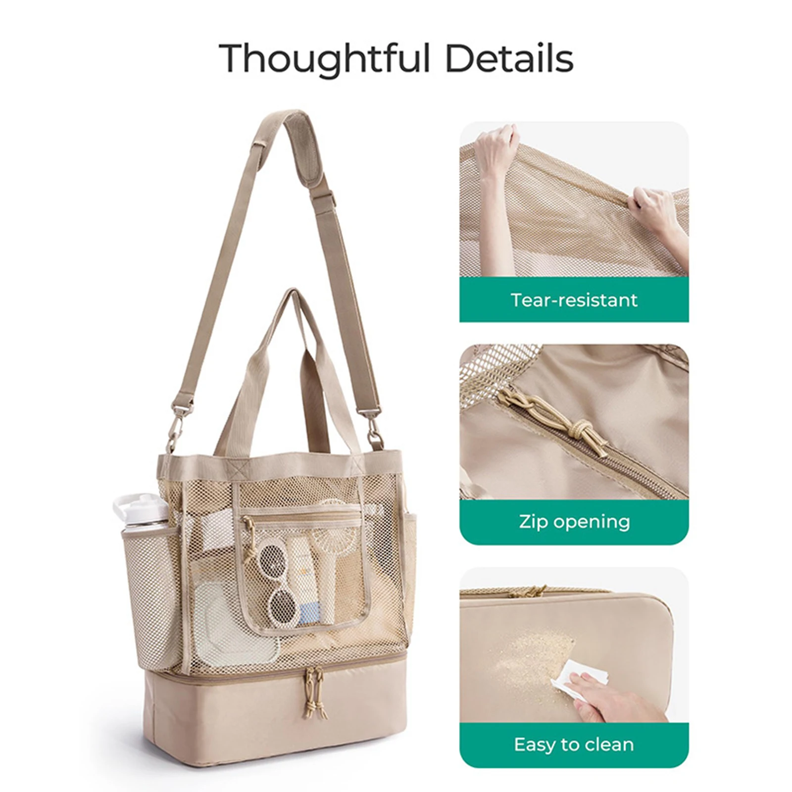 Women Lightweight Beach Bag Foldable Beach Shoulder Bag Top Zipper Double-Layer Large Totes Outdoor Travel Handbags
