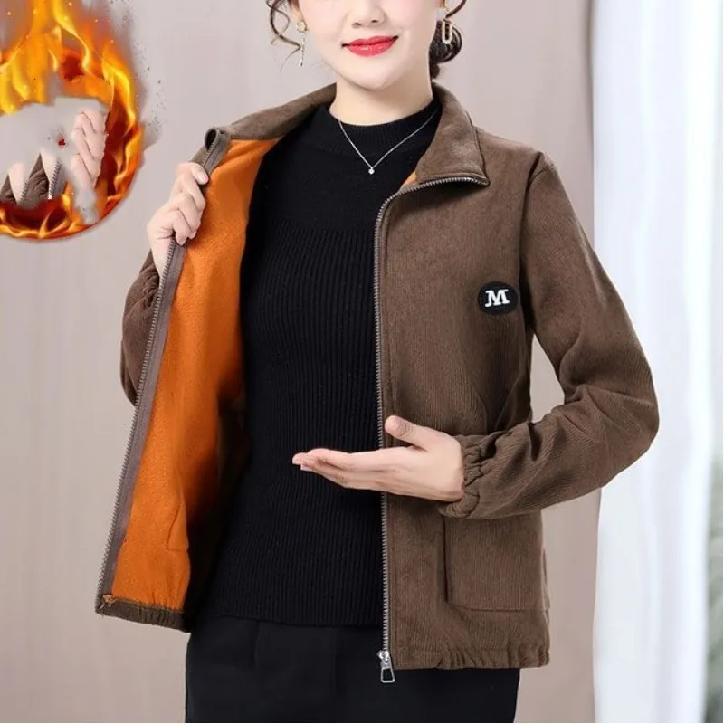 Autumn and Winter Women\'s Turn Down Collar Pockets Zipper Solid Color Loose Fitting Fashion Casual Elegant Long Sleeved Jacket