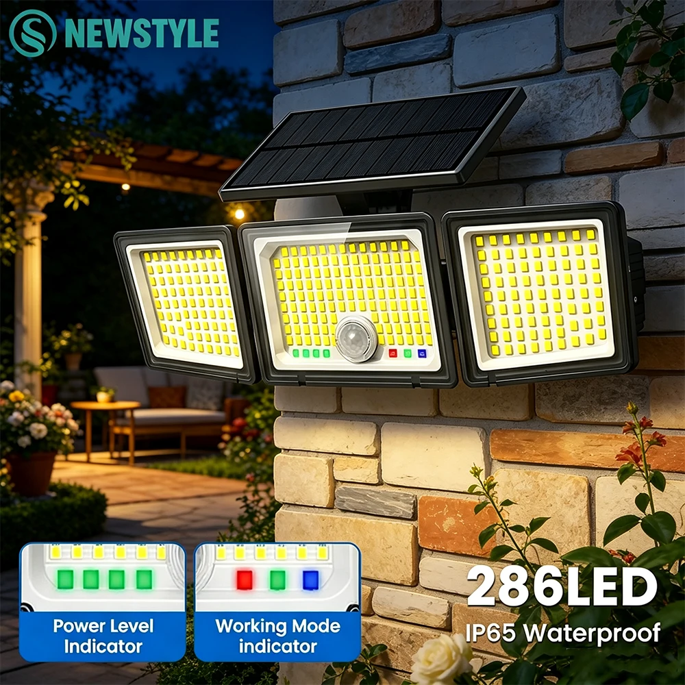 Lampes solaires d'extérieur 286 LED avec détecteur de mouvement, 3 modes d'éclairage, étanches IP65, à charge solaire, écoénergétiques et respectueuses de l'environnement, projecteurs de sécurité à 3 têtes avec affichage visuel de la batterie et du mode pour terrasse, jardin, porte, seuil de porte, garage