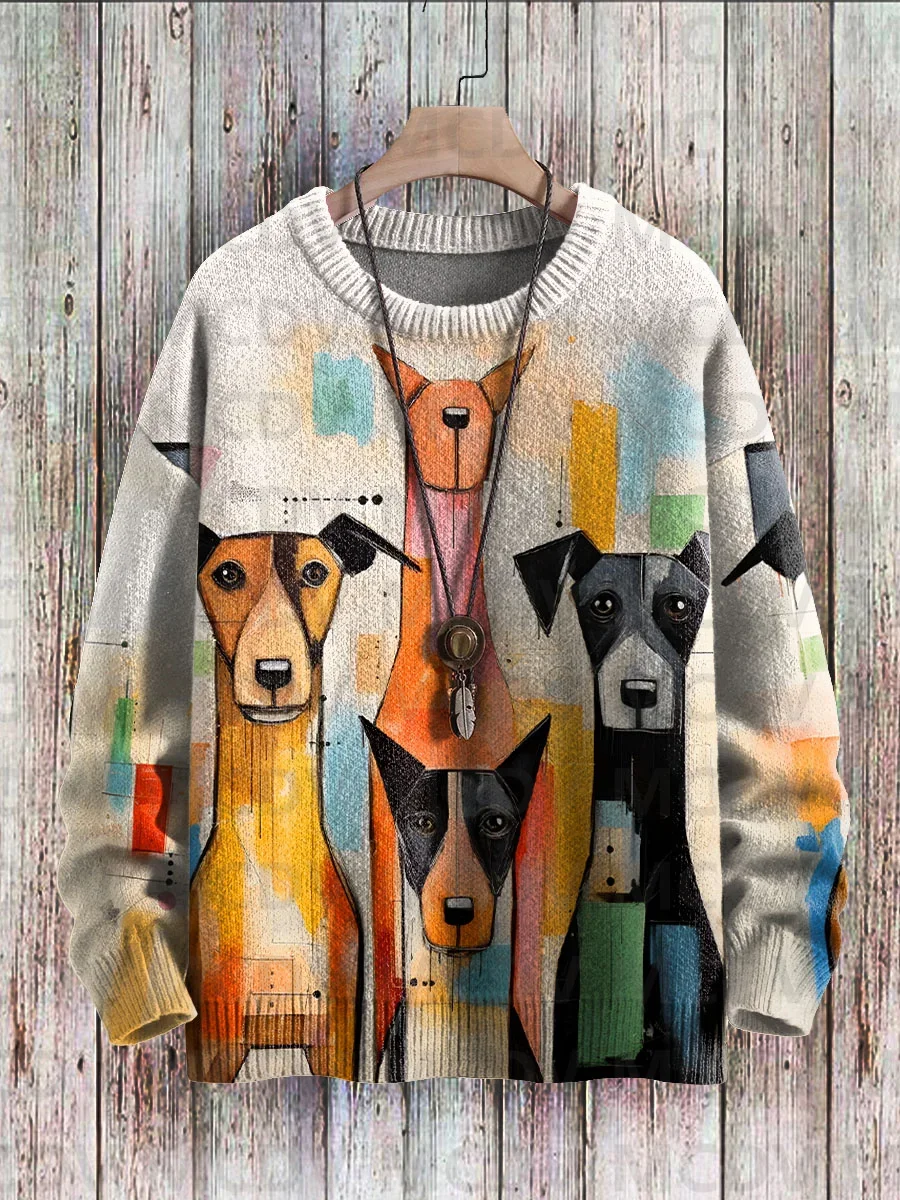 Retro Cute Abstract Art Dogs Print Knit Pullover Sweater Women For Men Sweater