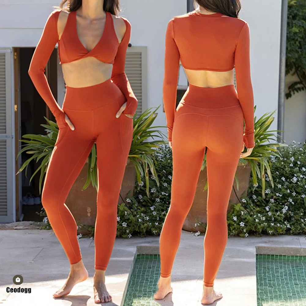 2PCS Pad Women Long Sleeve Tops Yoga Set Sportswear Workout Pant Gym Pocket Legging Fitness Bra Athletic Wear Tracksuit XP156