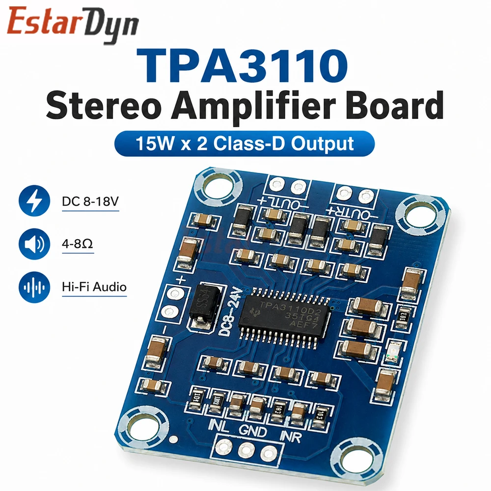Estardyn TPA3110 Class D Digital Amplifier Board 15W+15W Dual Channel Stereo 12V-24V Car Audio Speaker TV High Efficiency