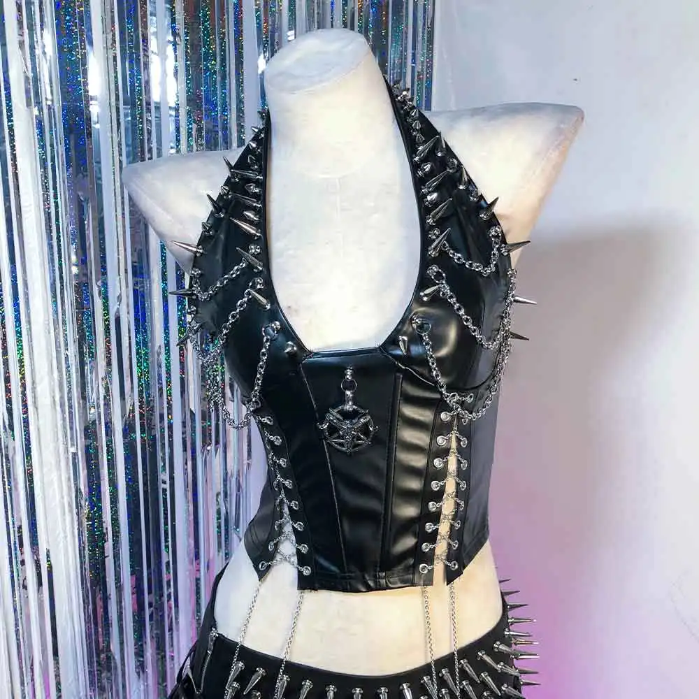 

Топы в стиле Харадзюку с заклепками и цепями, эмо, гранж, ручной работы, для E-Girls, подростков, 90-х, Y2K, готика, DIY, кавай, панк-рок