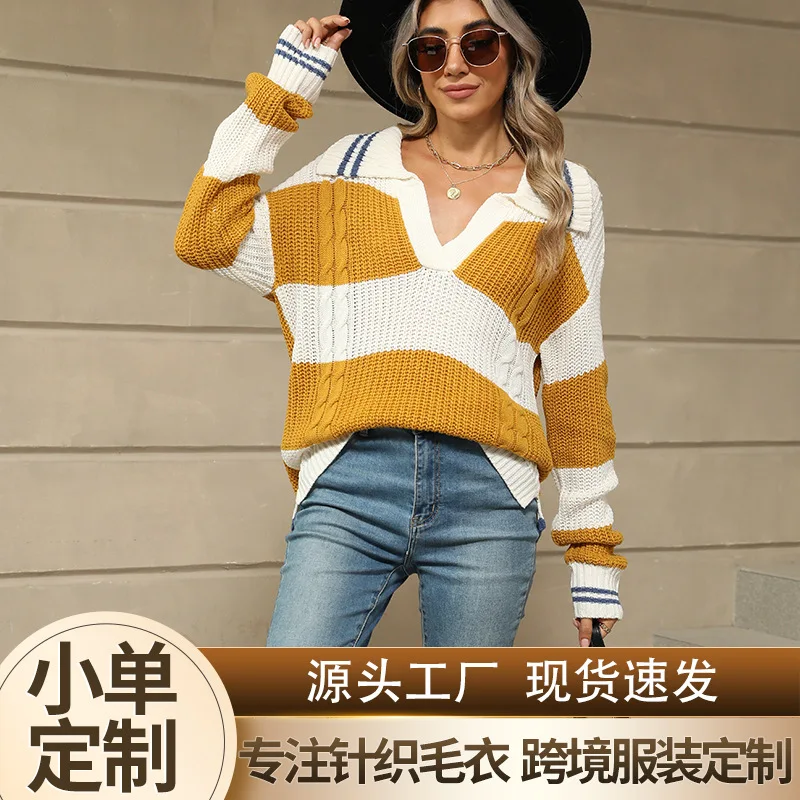 

Women's Christmas Sweater POLO Collar Striped Knitted Long Sleeve Loose Lazy Style Pullover Fashionable Winter Top