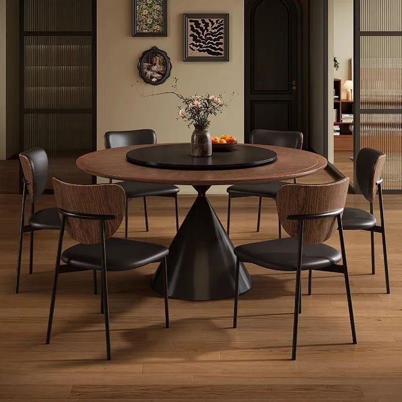Solid wood dining table and chairs dining table household antique small apartment round walnut round table turntable combination