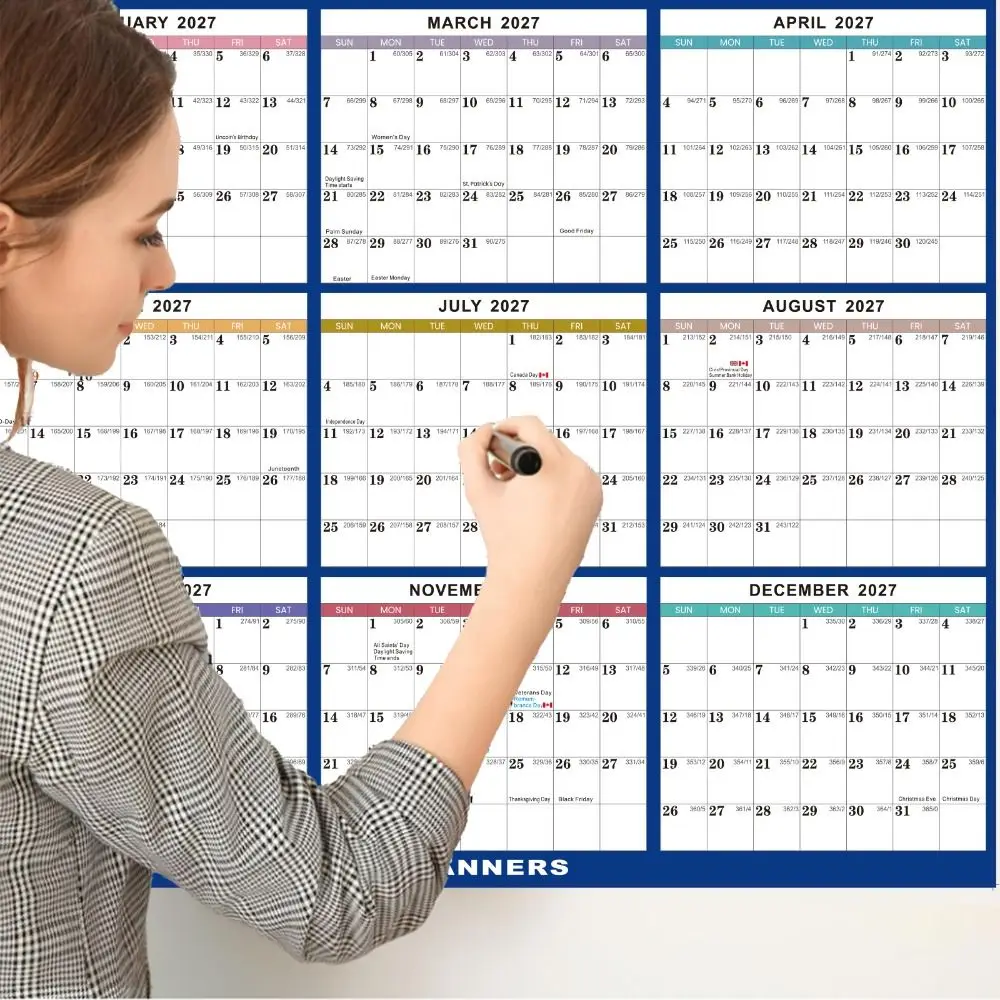 Jan. 2027 - Dec. 2027 Yearly English Planner Calendar Double-sided Writable 12 Month Planner Reversible Laminated