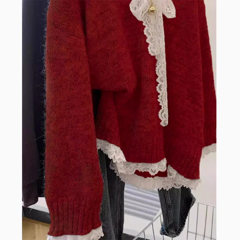 레드 브이넥 레이스 스플라이스 매듭 스웨터 여성용 가을 겨울 고급 니트 탑 스위트 슬림 핏 롱 스웨터