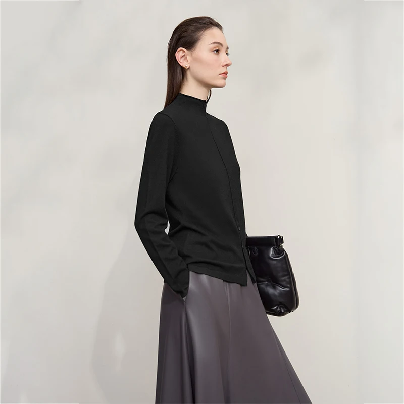 AMII femmes pull 2025 automne nouveau solide polyvalent femme haut tricoté col mi-haut manches longues pulls femme 12523075
