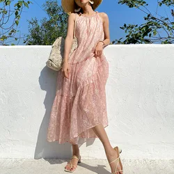 Floral Midi Holiday Dress with A Tiered Skirt Printed Chiffon Sleeveless Beach Halter Dress 2024 Summer New in Woman Clothing