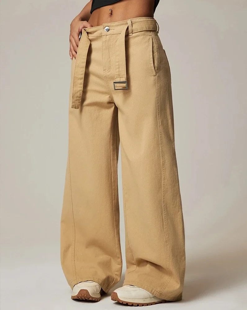 

Wide Leg Pants Jeans Women Vintage Denims High Waist Sashes Washed Distressed Pockets Floor Length Streetwear Straight Trousers