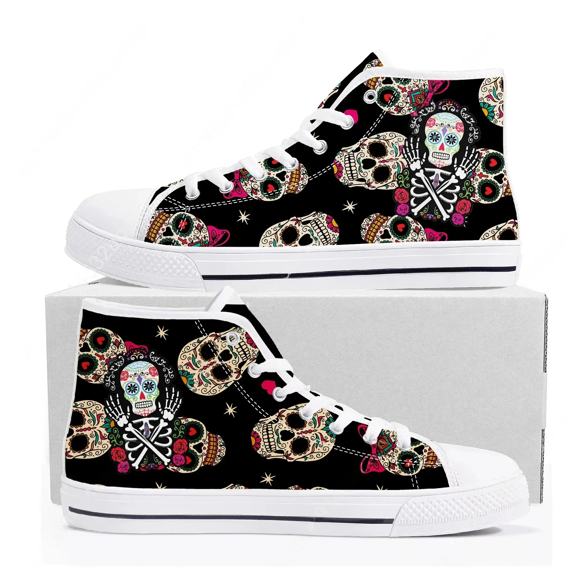 

Кроссовки с узором в стиле Дня мертвых, высокие кеды для мужчин, женщин и подростков, высококачественные кеды из канваса, парные кроссовки на заказ