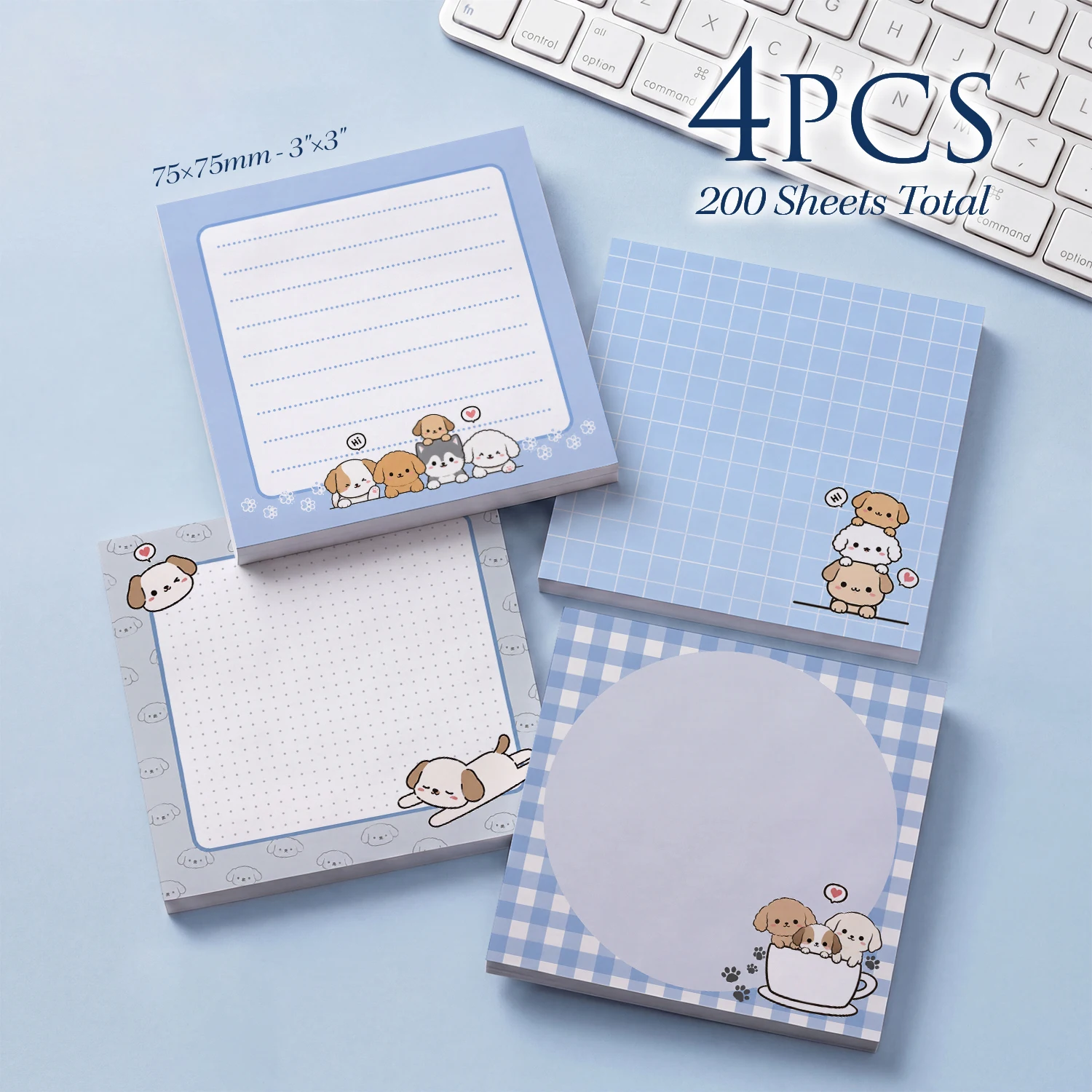 4pcs Cute Dog Sticky Notes Set, Kawaii Puppy Self Stick Memo Pads, 200 Sheets Total, Blue Grid and Lined Notepads, Removable