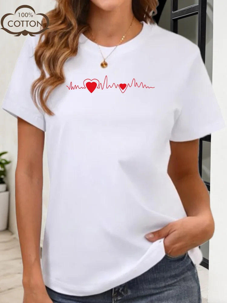 Camiseta gráfica Heart Monitor Love para mujer, 100% algodón, cuello redondo, manga corta, informal, Top de moda de verano