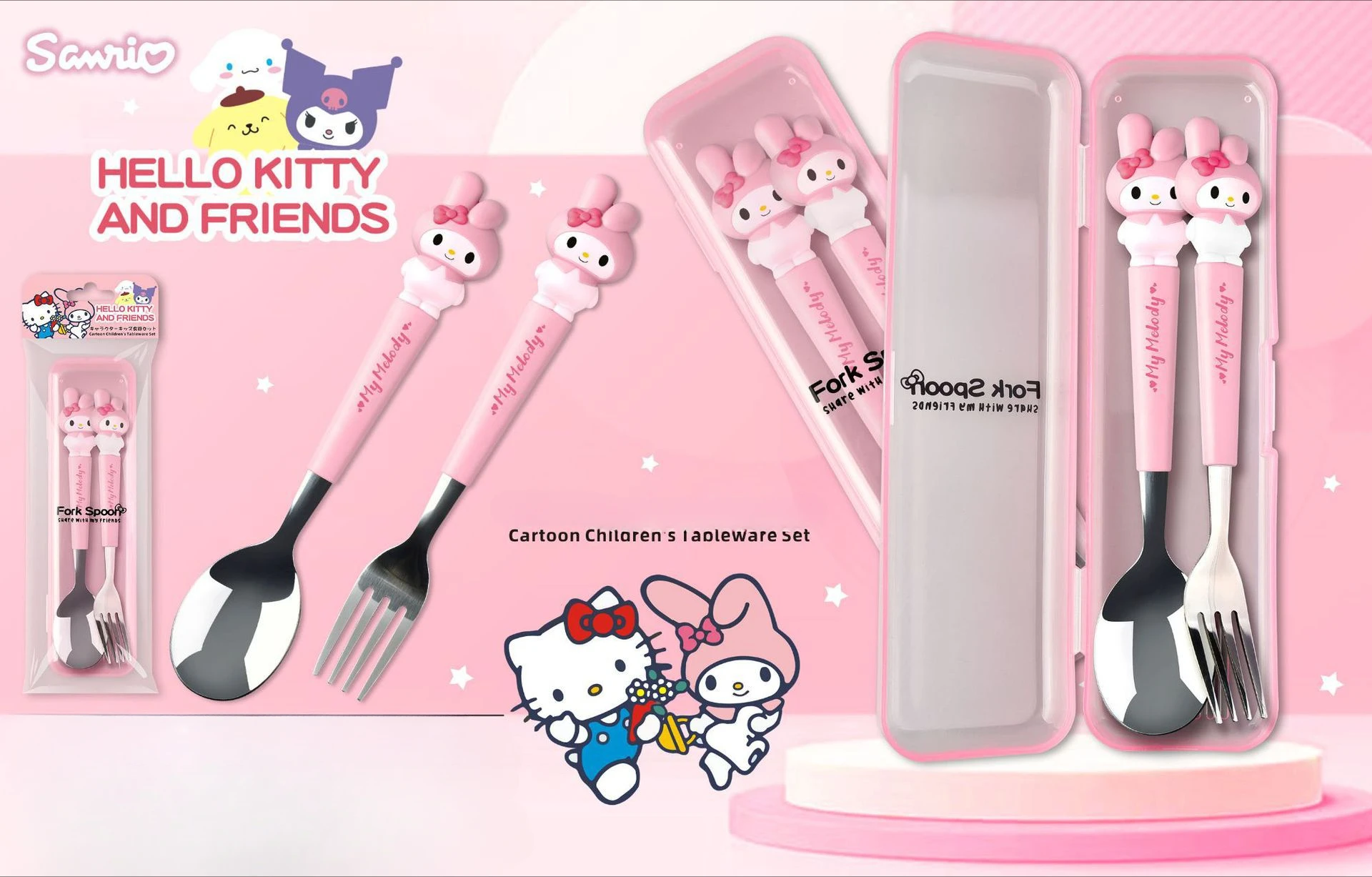 Sanrio Cinnamoroll Melody Hello Kitty Kuromi Steel เด็กน่ารักการ์ตูนแบบพกพาบนโต๊ะอาหารชุดช้อนตะเกียบ