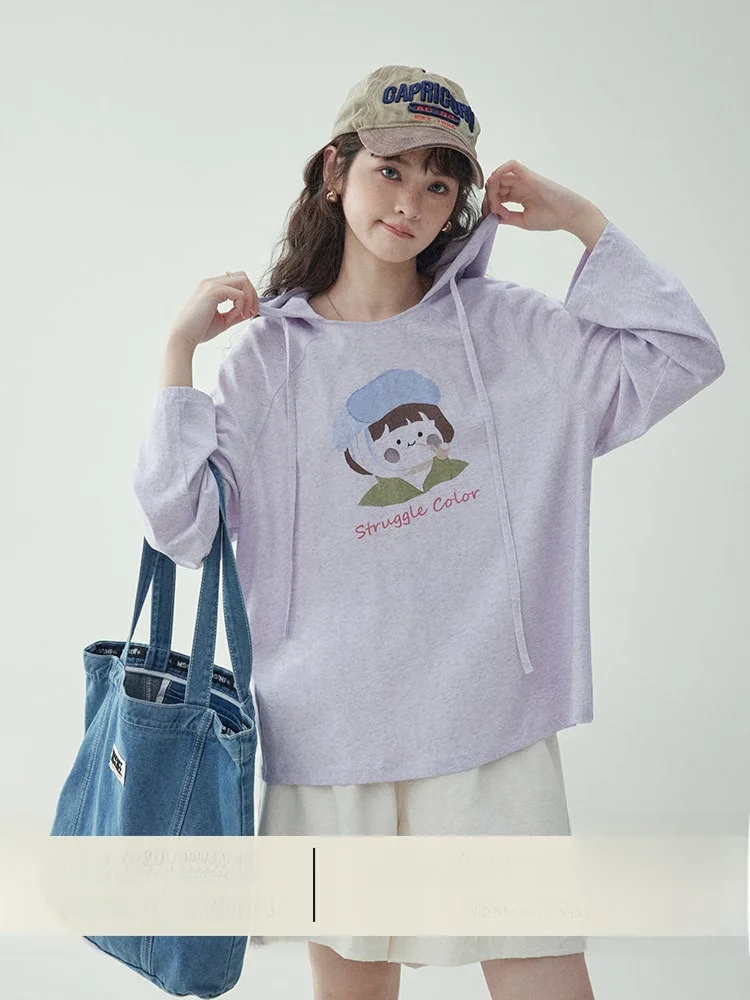 

AMUU Original Thin Long Sleeve Hooded Printed T-Shirt Women's Loose Fit Spring New Style Pure Color Top Cute Style Polyester ...