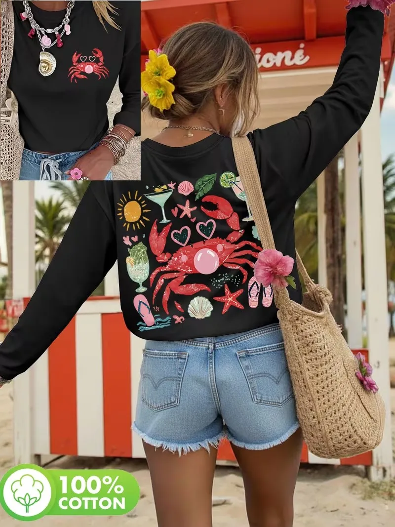 90er Y2K Mode Lustiges Strandurlaub Langarm-T-Shirt 100% Baumwolle Grafik Lässiges O-Ausschnitt Damen-T-Shirt Herbst Winter – Detail 2