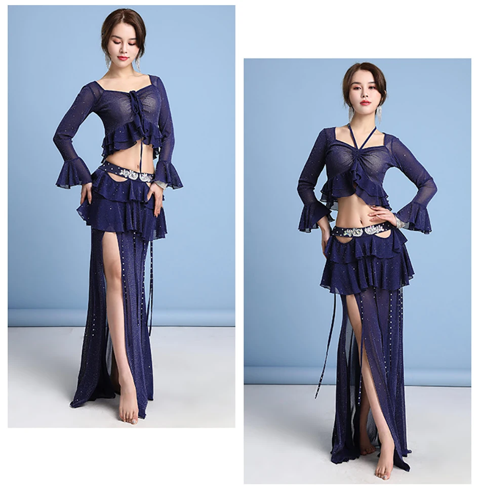 Belly Dance Costumes 2 PCS Set Top and Long Skirt Long Sleeves For Adult Women Practice Clothes Outfit For Stage Performance