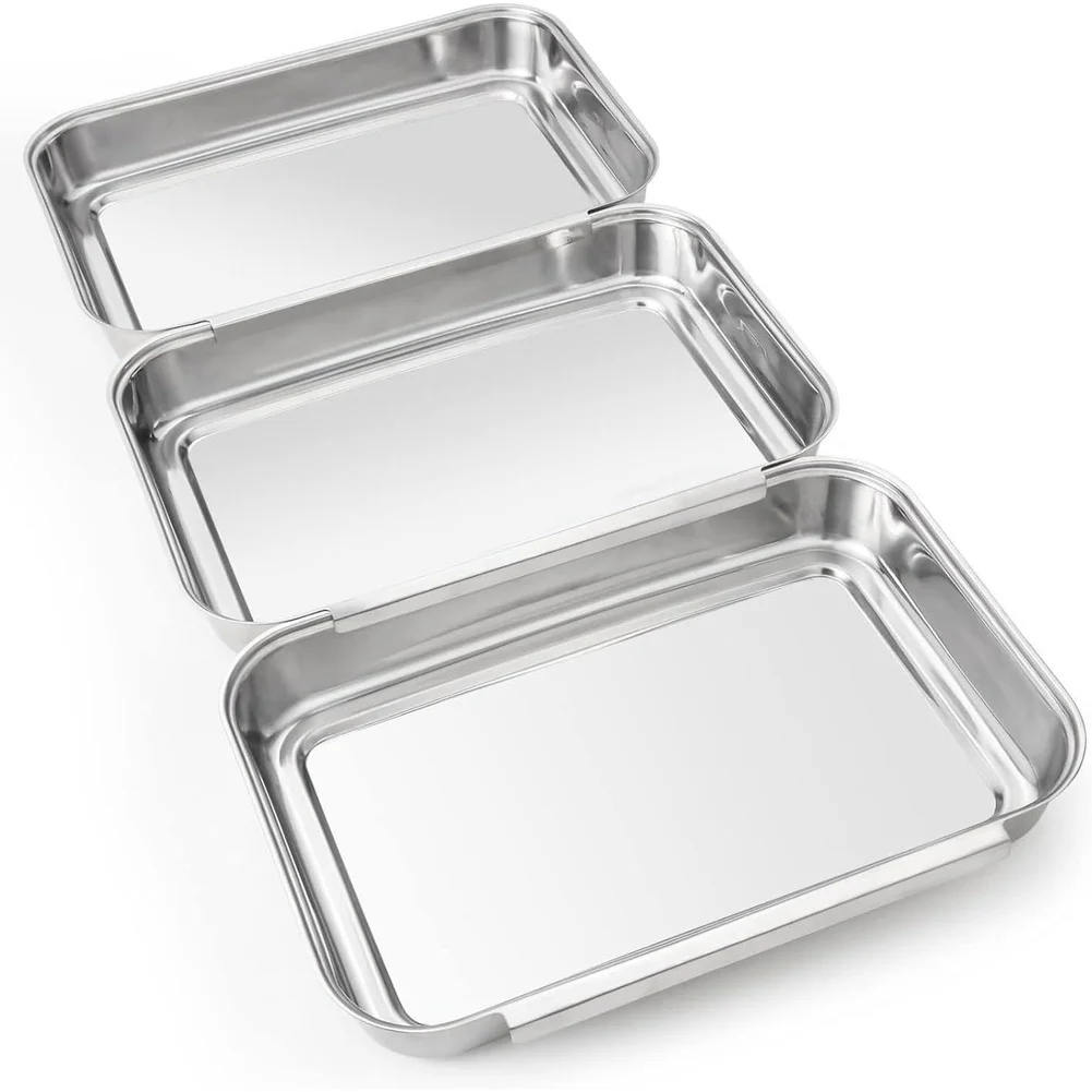 3Pcs Stainless Steel Seasoning Tray Set with Interlocking Design for Barbecue Food Serving Plates and Oven Safe