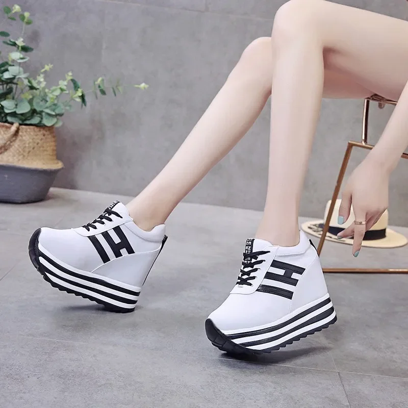 Women Sneakers Fashion Women 10CM Height Increasing Breathable Lace-Up Wedges Sneakers Platform Shoes Canvas Woman Casual Shoes