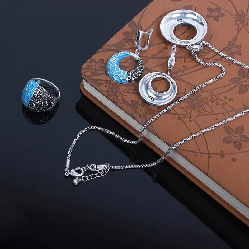 Ajojewel Black Blue Enamel Auspicious Cloud Ring Rhinestone Round Necklaces And Earring Set Jewelry Woman Luxury Gifts 2024