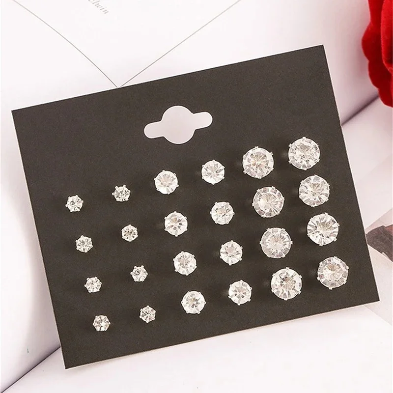 New 12 Pair/Pack White Shiny Wedding Stud Earrings Set For Women Men Crystal Earrings Jewelry Accessories Gifts