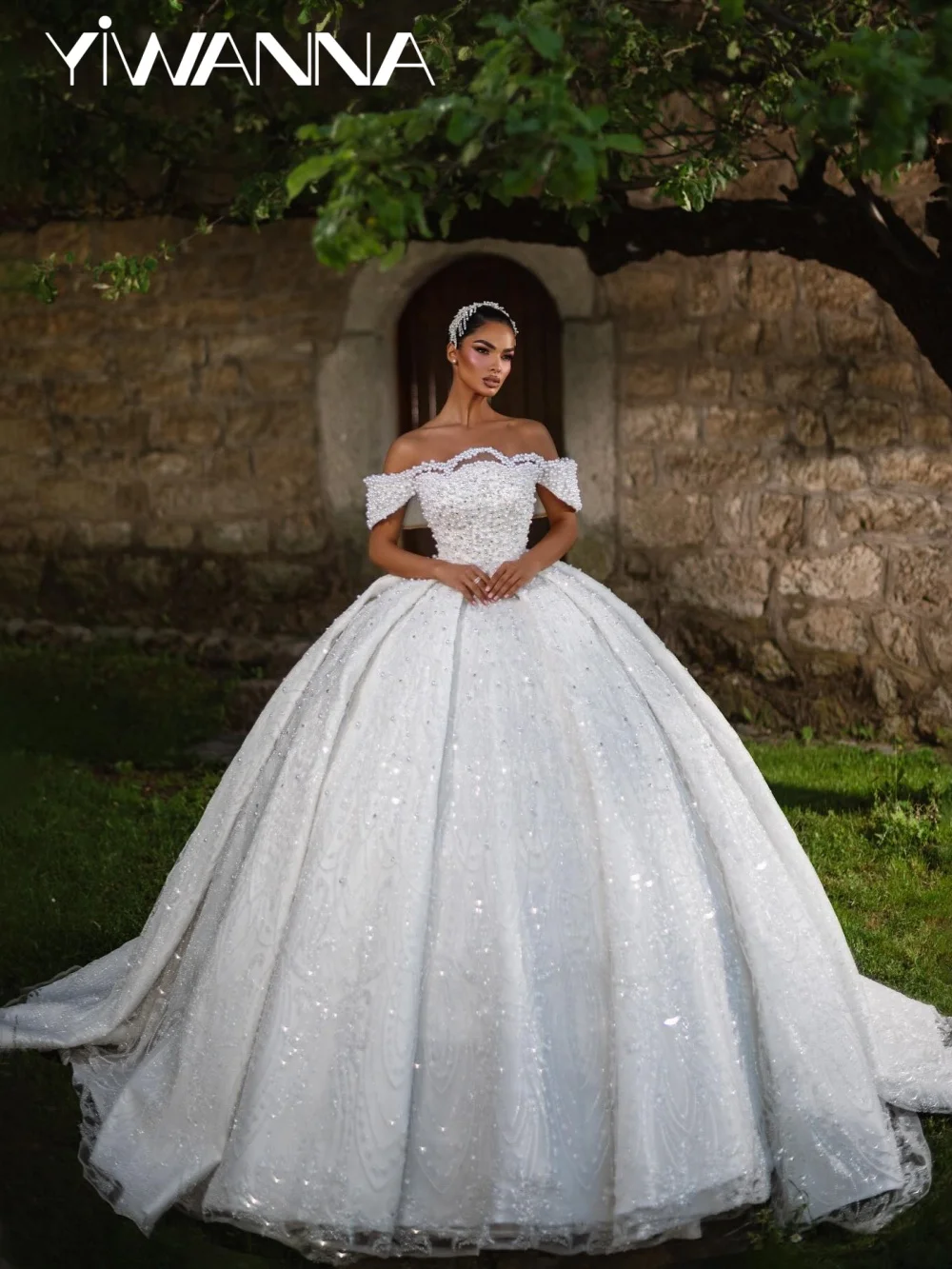 

Dreamy Opulent Beaded Wedding Dress Glimmering Pearls Crystal Bridal Gown Customized Elegant Off Shoulder Dresses For Bride