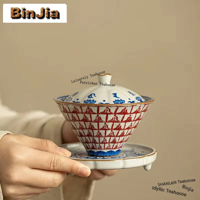 

140ml Thousand Buddhas In Dunhuang Cover Bowl Zen Ceramic Bamboo Hat Gaiwan Retro Anti-scald Tea Tureen Tea Brewing Teaware Gift