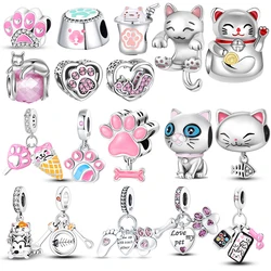 925 Sterling Silver Cat and Dog Series Best Friend Pendant Fit 4MM hole diamete Bracelet Charms Bead Necklace DIY Female Jewelry