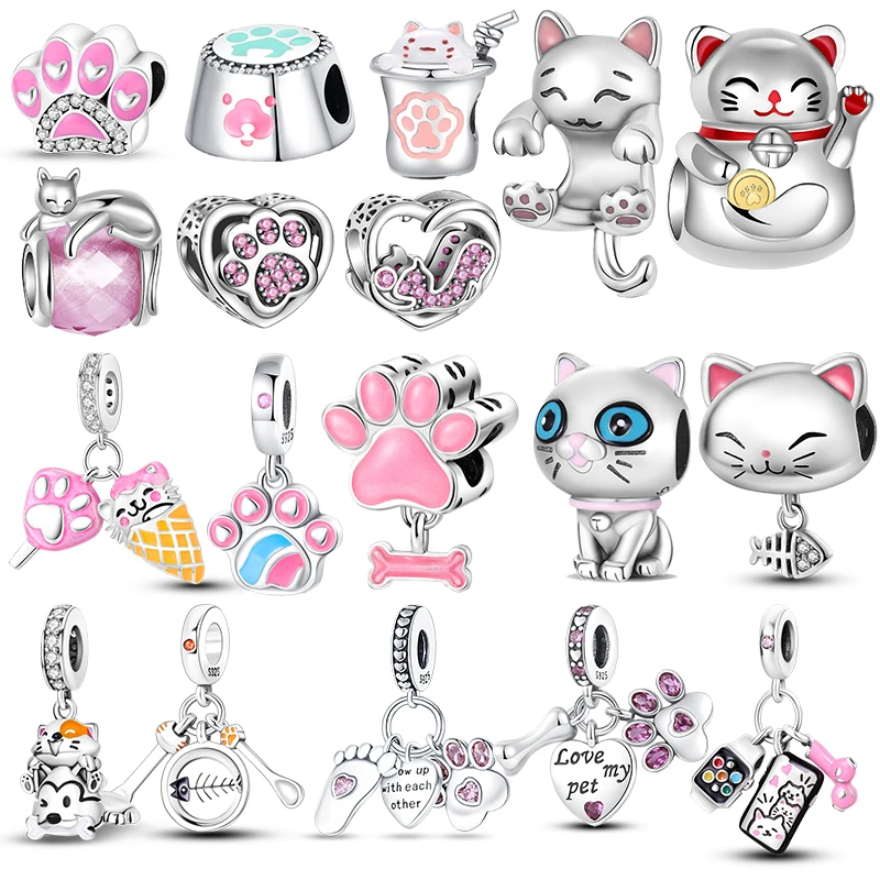 925 Sterling Silver Cat and Dog Series Best Friend Pendant Fit 4MM hole diamete Bracelet Charms Bead Necklace DIY Female Jewelry