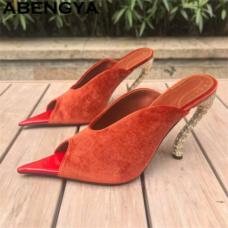 

Pointy Open Toe Bend Thin Hing Heel Slippers Women Inlay Crystal Sexy Mules Shoes Summer New Fashion Dress Party Shoes Woman