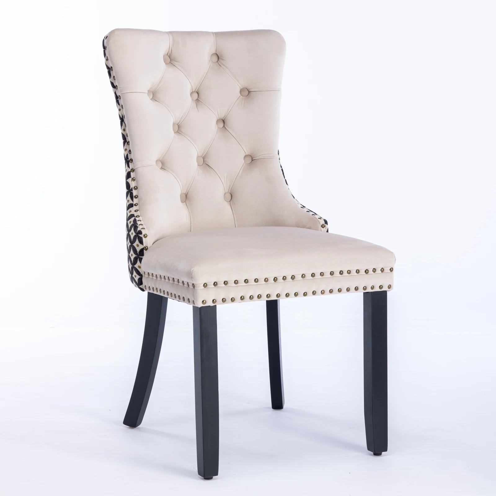 High-end Tufted Solid Wood Contemporary Velvet Upholstered Dining Chair with Wood Legs Nailhead SET OF 2 Beige and Patterned