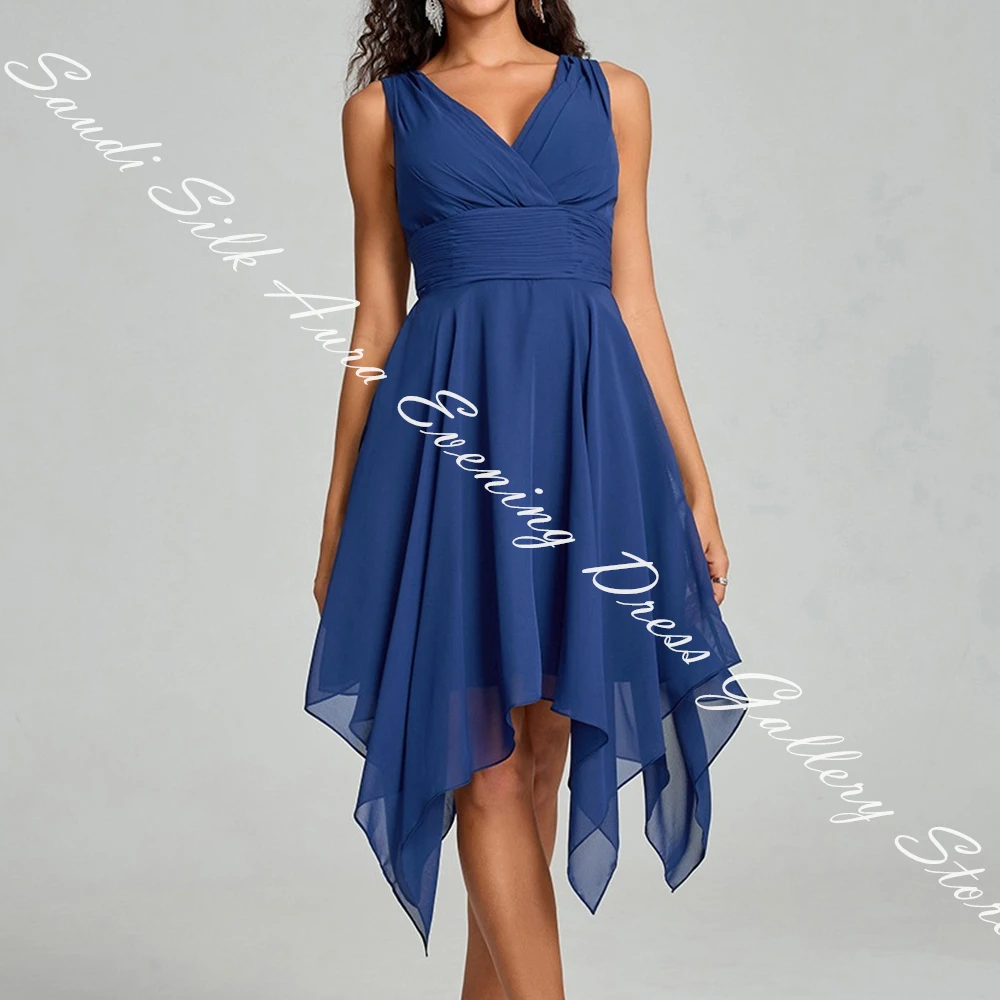 فستان سهرة شيفون فاخر مخصص على شكل حرف a بأكمام قصيرة ورقبة على شكل حرف v بطول الركبة بدون أكمام وسحاب خلفي بلون سادة Fساتين سهره نسائي #3