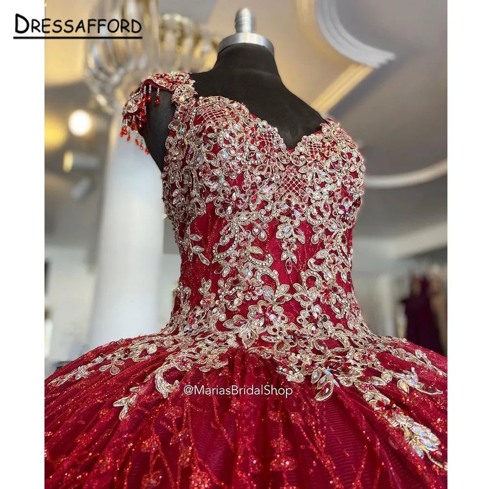 

Red Beading Tassel Crystal Quinceanera Dress Ball Gown Off The Shoulder Gold Appliques Lace Corset Vestido De 15 Anos