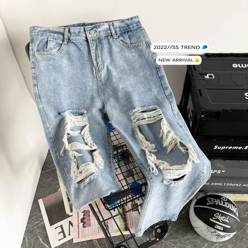 Trendy Men's Jeans Casual Thin Loose Straight Leg Nine Points Pants Summer Street Style Jeans with Hole Middle Waist Zipper