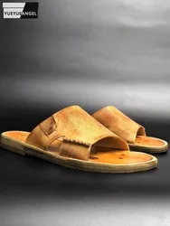 Vintage Open Toe Outside Casual Slippers Men Summer Shoes Outside Genuine Leather Designer Slipper Plus Size 45 46 Beach Slides