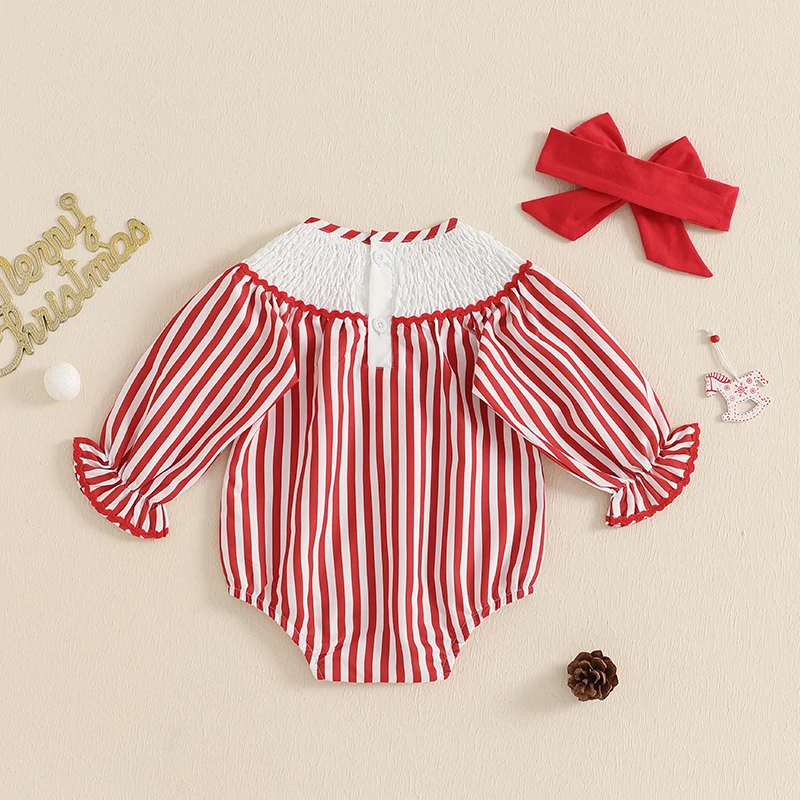 Baby Girl Christmas Smocked Santa Bubble Romper Retro Striped Bodysuit Bow 2Pcs Cute 1st Xmas Gift Going Home Photos