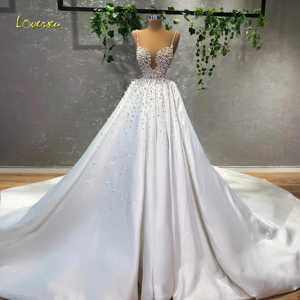 

Loverxu A-Line Matte Satin Wedding Dresses Sweetheart Spaghetti Straps Vestido De Novia Beaded Pearls Custom Made Bridal Gown