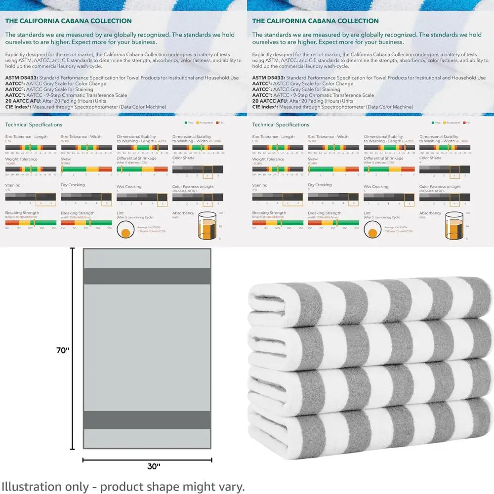 

Набор из 4 больших седых хлопковых пляжных полотенец California Cabana Stripe, 30x70, быстросохнущие, идеально подходят для бассейна и плавания.