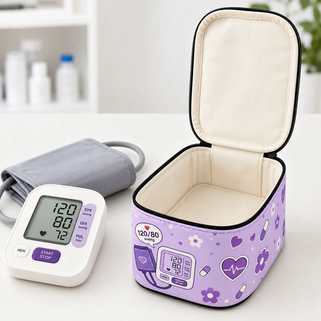 Blood Pressure Monitor Storage Bag Lavender Cartoon Case Home Care Travel Organizer Protective Pouch Medical Device Holder