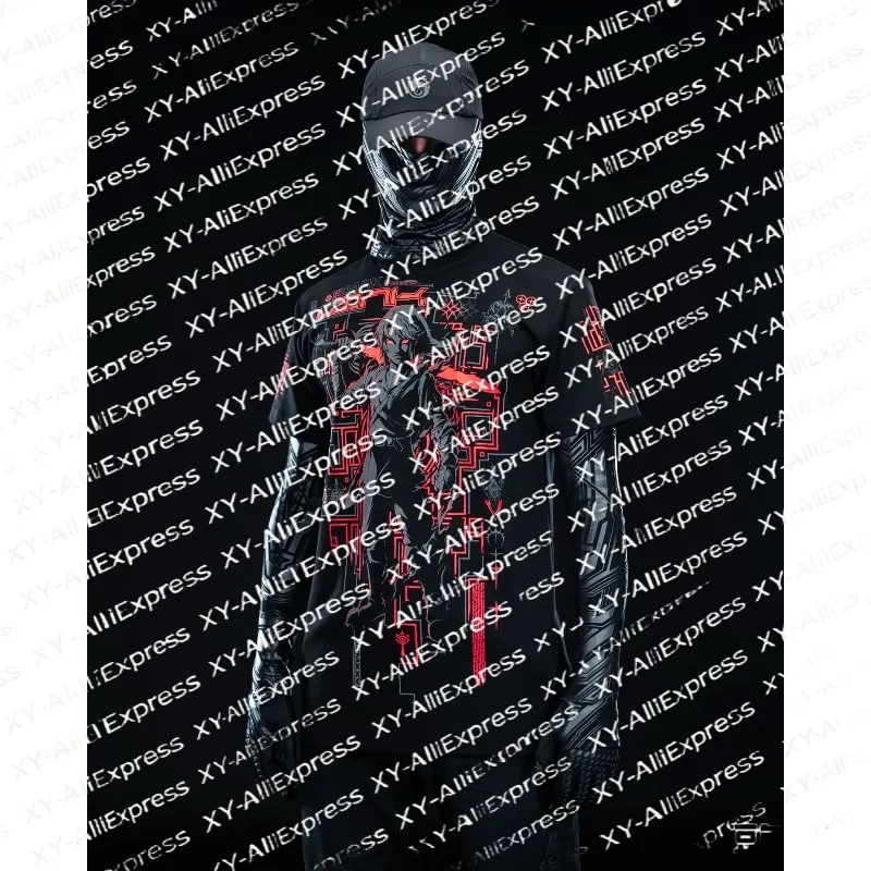 Men Short Sleeve Outdoor Shirt, Quick Dry & Breathable. Red Lined Mecha Graphic Tee Cyberpunk Street Style Urban Night Hangouts