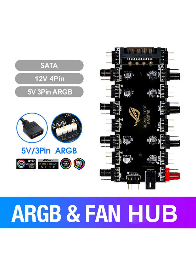 12V 4Pin/5V 3PIN 1 To 8 Multi Way Splitter Motherboard Sync ARGB/RGB PWM Fan Hub PC Speed Controller Adapter RGB Strip Splitter
