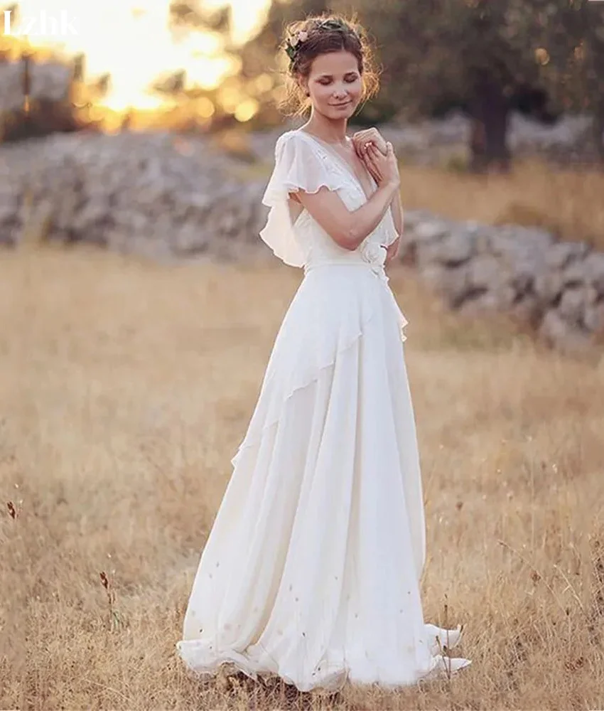 Customized Graceful Chiffon A-Line Lace Ruffles 3D Bow Evening Dress Temperament V-Neck Floor Length Bespoke Occasion Gowns