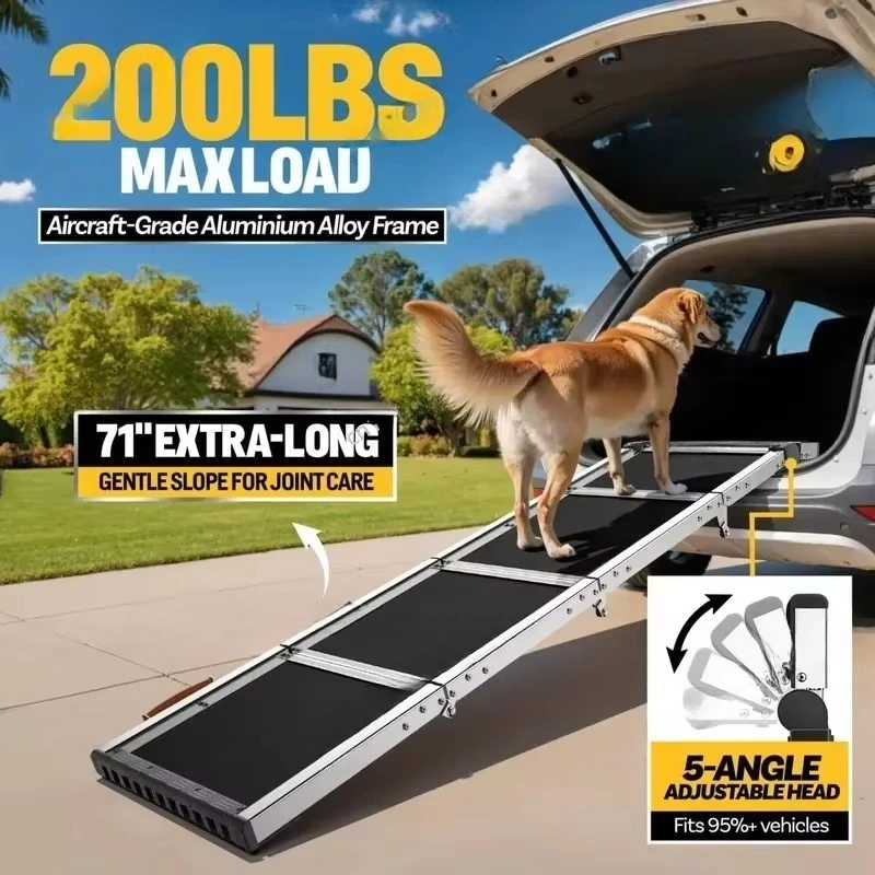 Adjustable Folding Non-Slip Dog Car Ramp, Heavy Duty Retractable Pet Access Ramp for Large Dogs, SUV & Truck Use