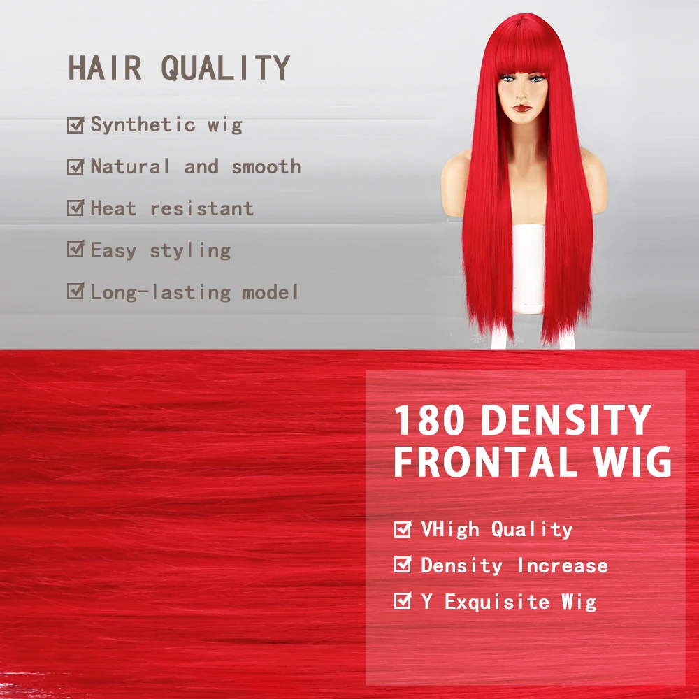 Long Straight Red Synthetic Wig With Bangs For Black Women Party Cosplay Hair Wigs Heat Resistant