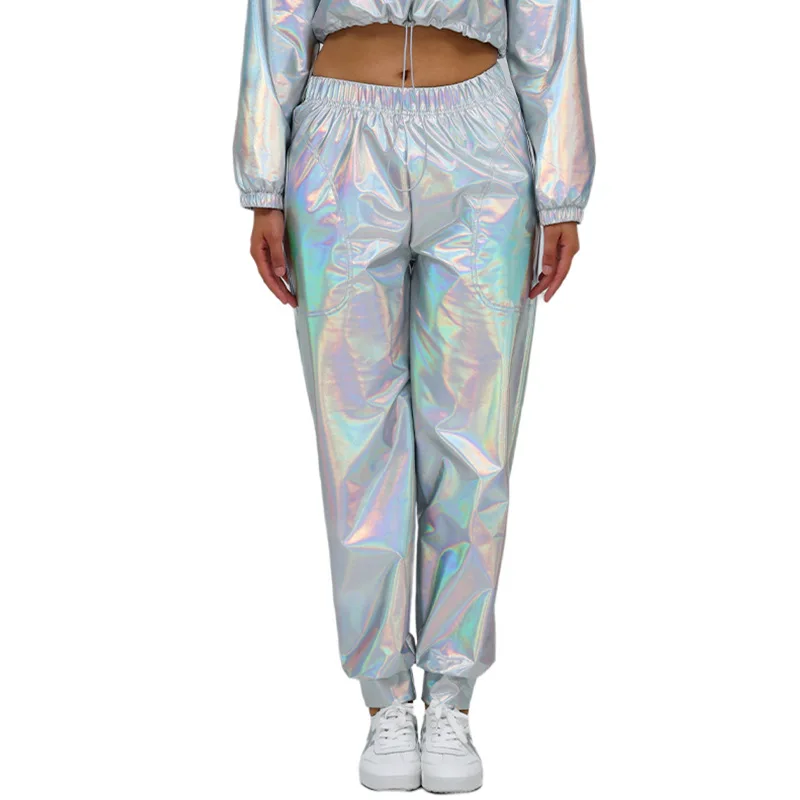 

Женские повседневные брюки для выступлений с разноцветным эластичным поясом и манжетами на щиколотках, длинные брюки для танцев