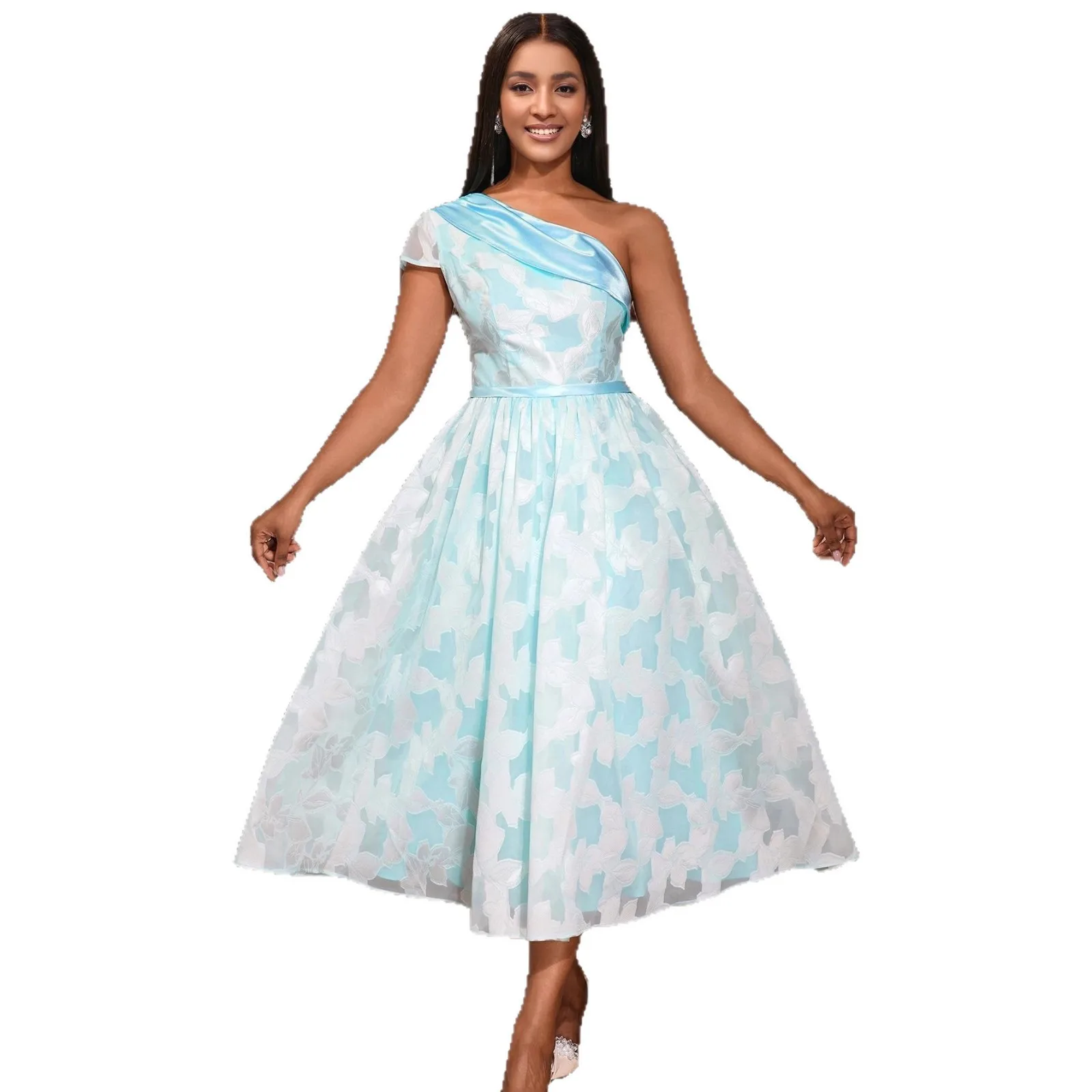 

Elegant One Shoulder Midi Dress Sleeveless LightBlue Print Satin Fabric Belted Waist A Line Ideal for Bridal Shower Garden Party